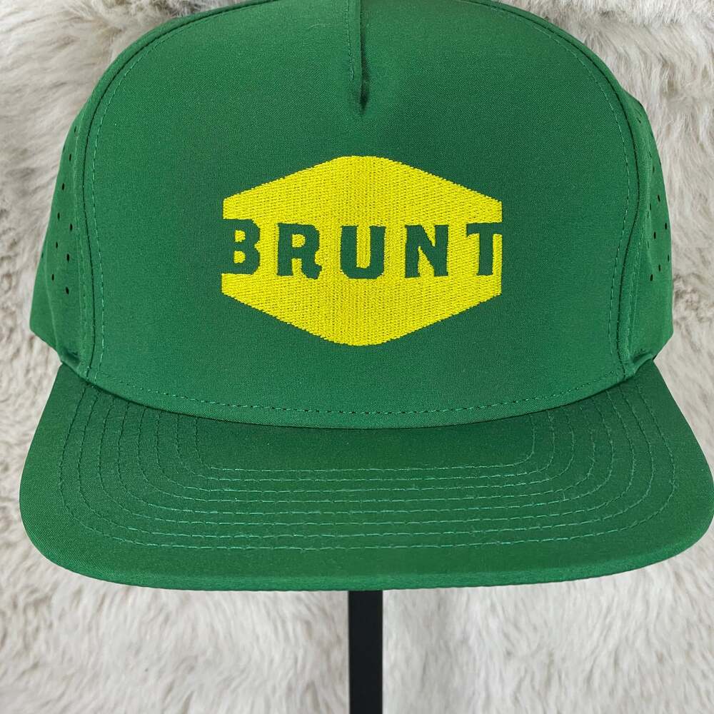 NWOT BRUNT Workwear Green and Yellow Perforated Flat Brim Snapback Hat